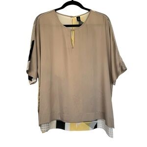 Chico’s Black Label Tan & Yellow Geometric Design Lightweight Blouse